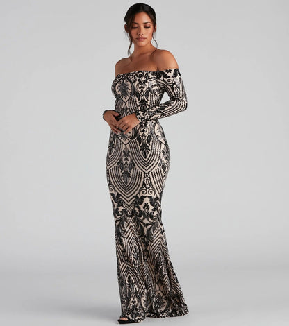 Women Elegant Sequ Sexy off Neck Dress Cocktail Evening Maxi Dress