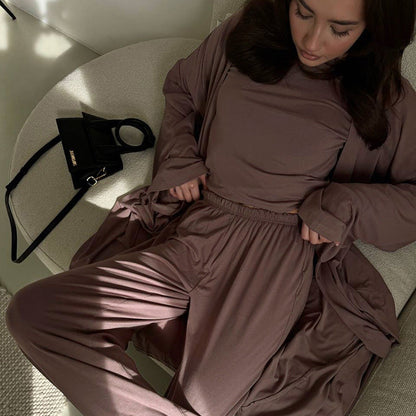 Summer Pajamas Three Piece Knitted Solid Color Top Trousers Loose Comfortable Home Wear