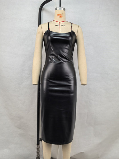 Sleeveless Split Dress Faux Leather Nightclub Sexy Backless Lace up Sheath
