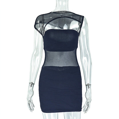 Personality Hipster Women Clothing Sexy See through Slim Hip Skirt Hollow Out Cutout High Collar Solid Color Short Dress