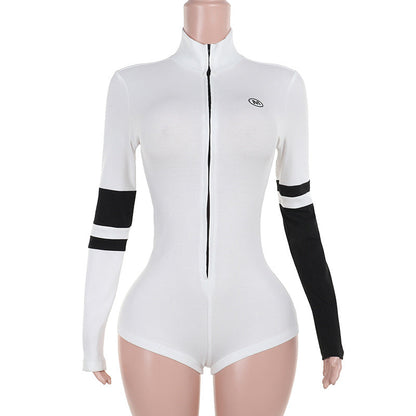 Knitted Contrast Color Turtleneck Zipper Tight Jumpsuit Locomotive Sexy All Matching Women Clothing