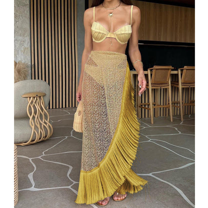 Three Point High Waist Bikini Skirt Three Piece Set Solid Color Split Swimsuit