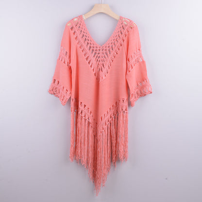Hand Crocheting Patchwork Solid Color Hollow Out Cutout out Beach Irregular Asymmetric Tassel Cover up Bikini Swimsuit