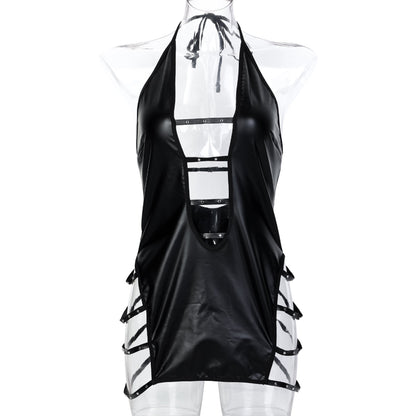 Black Faux Leather Patent Leather Staring Beads Metal Hollow Out Cutout Halter Strap Sexy Deep V Plunge Sexy Home Nightdress Women
