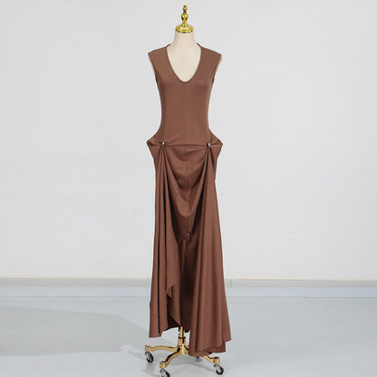 Sexy Sleeveless Dress Summer U Collar Fitted Waist Pleated Design Solid Color Dress Women