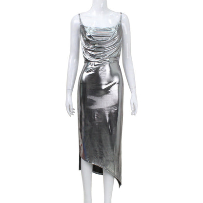 Women Clothing Sexy Backless Swing Collar Cami Dress Bronzing Split Pure Sexy Dress Long