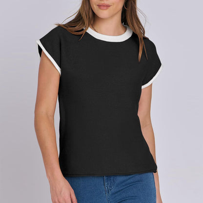 Women Clothing Summer round Neck Knitted Top Casual Striped Contrast Color Sweater