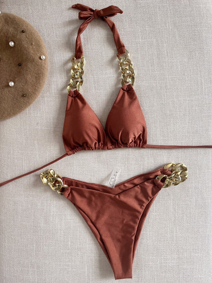 Bikini Sexy Swimsuit Big Gold Chain Accessories Strap Solid Color Split Swimsuit