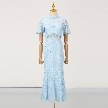 French Sneaky Design Light Luxury Dress Autumn Stand Collar Short Sleeve Lace Hollow Out Cutout Sheath Dress for Women