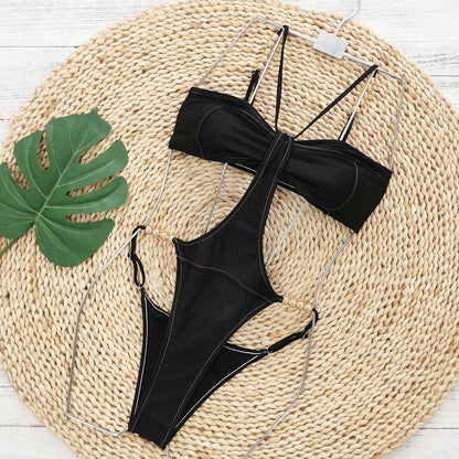 Solid Color Sling High Slit One Piece Swimsuit Women One Piece Sexy Swimsuit