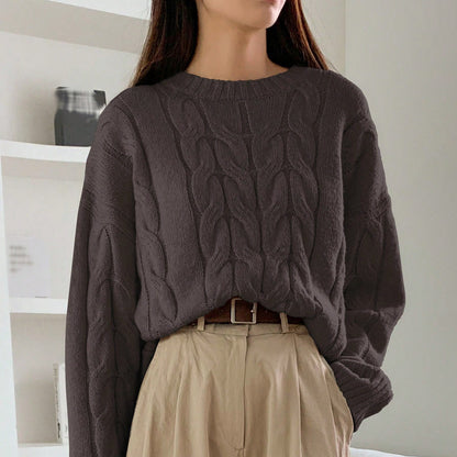 Autumn Winter Women Cable Knit Pullover Sweater Loose round Neck Solid Color All Matching Trendy Knitwear Top
