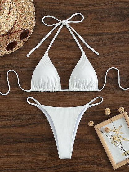 Printing Halter Spaghetti Straps Sexy Bikini Pleated Lace up Triangle Spring Split Swimsuit