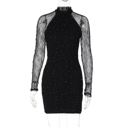 Women Winter Sexy Slim Lace Rhinestone Sheath Long Sleeve Dress