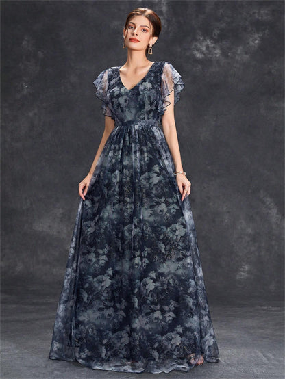 Evening Dress V neck Printed Mesh Ruffled Large Swing Party Dress Bridesmaid Dress Dance Dress Spring A Line