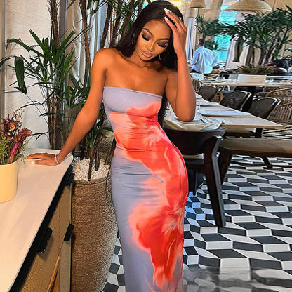 Women Clothing Printing Dress Sexy off the Shoulder Sleeveless One Step Dress