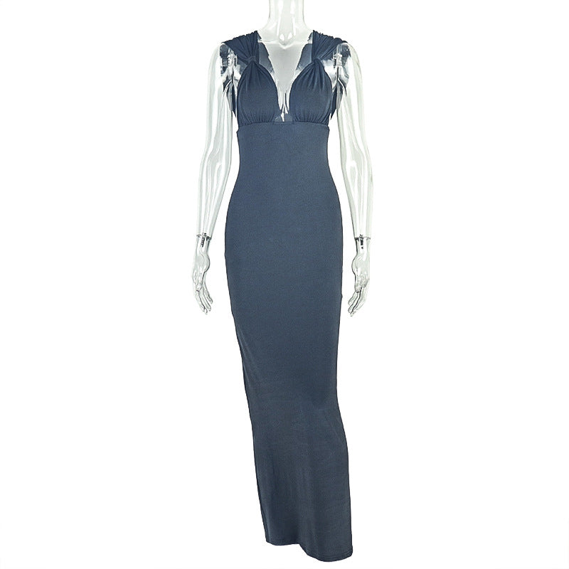 Solid Color Casual Women Pleated Corset Hip Dress Waist V neck Halter Maxi Dress Tide