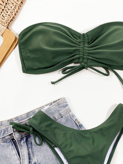 Bikini Women Seperated Swimwear Sexy Pleated Solid Color Bikini