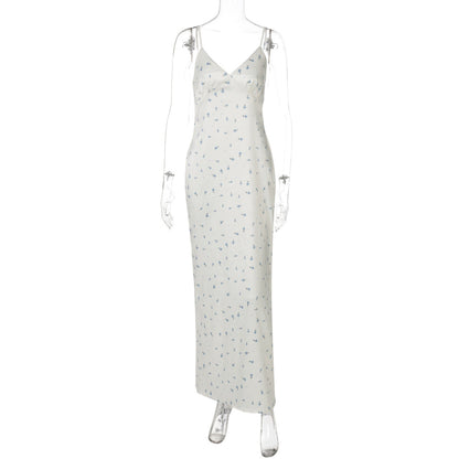 Women Clothing Summer Sexy Sexy V neck Sling Back Slit Long Floral Dress