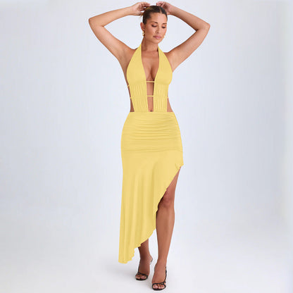 Irregular Asymmetric Women Pleated Tied Dress Autumn Winter Sexy Backless Hollow Out Cutout Hip Dress