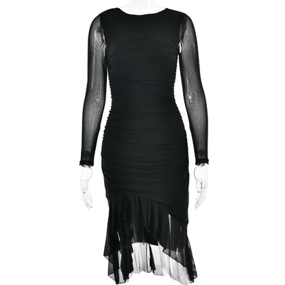 Autumn Sexy Trend Round Neck Slim Fit Long Sleeved Mesh Stitched Backless Sheath Dress
