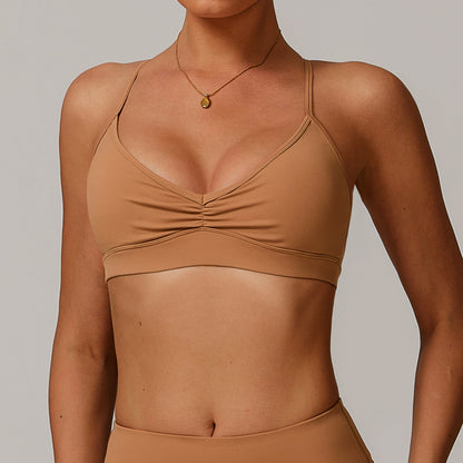 Sollinarry V neck Yoga Bra Cross Back Slimming Pleated Underwear Running Sports Workout Bra