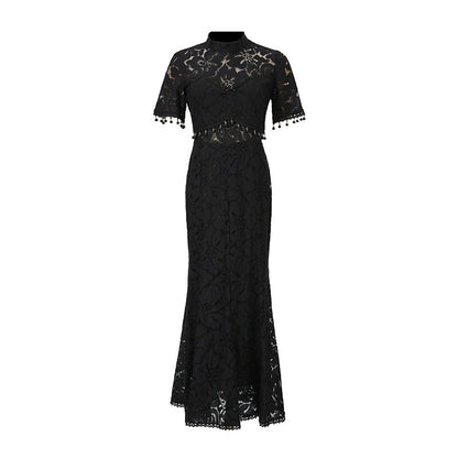 French Sneaky Design Light Luxury Dress Autumn Stand Collar Short Sleeve Lace Hollow Out Cutout Sheath Dress for Women