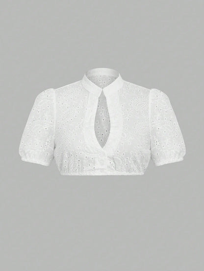 Women Elegant V neck Short Sleeved Simple Beer Clothes Shirt Hollow Out Cutout Embroidered Shirt Top
