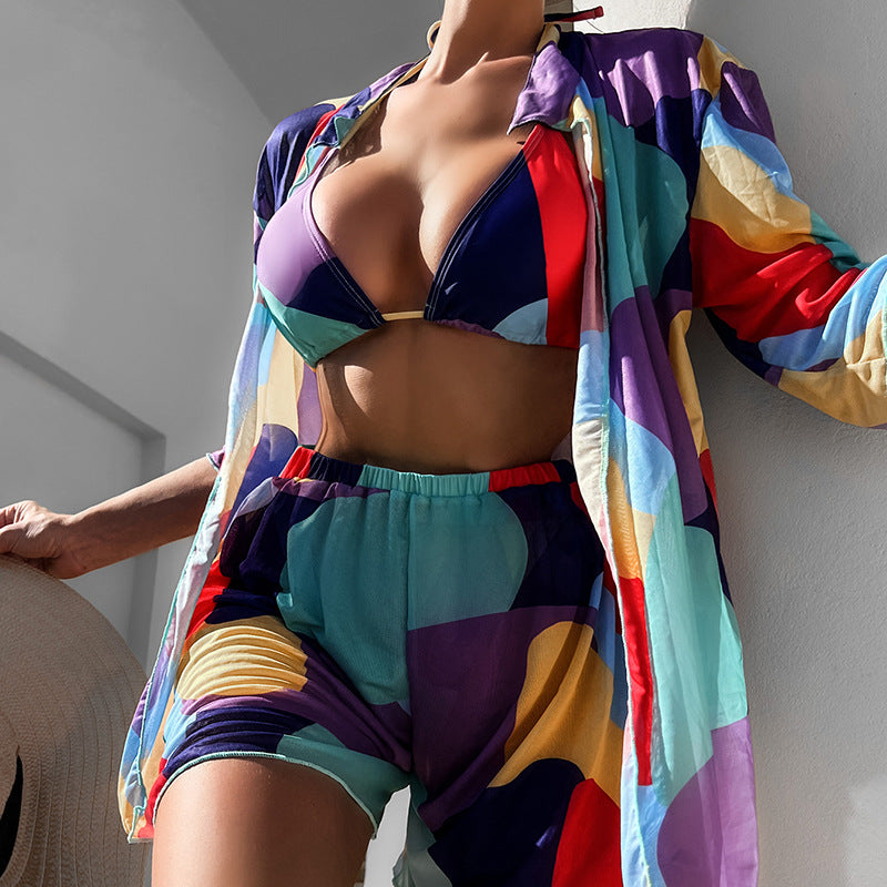 Summer Beach Women Printed Chiffon Fabric Half Knot Sleeve Sun Protection Chiffon Four Piece Set