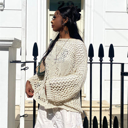 Round Neck Hollow Out Cutout Long Sleeved Criss Cross Blouse Summer See through Sexy Top Beach Sweaters