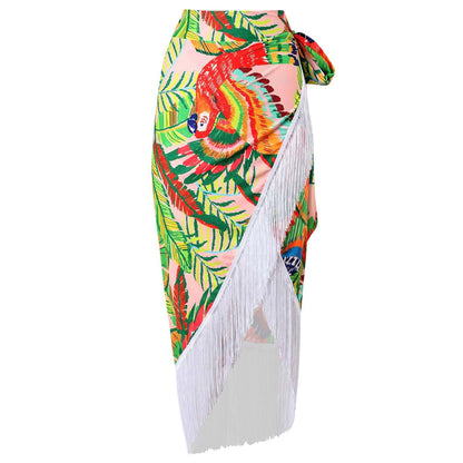 Retro One Piece Swimsuit Women Conservative Cover Belly Thin Skirt Spring Tassel Beach Skirt Set