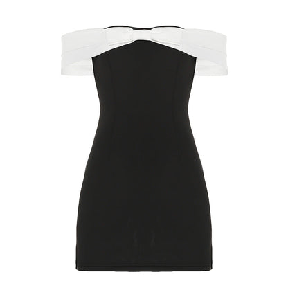 Off Neck off the Shoulder Bow Contrasting Color Dress Air Layer Three Dimensional Waist Controlled Tube Top Short Dress Women
