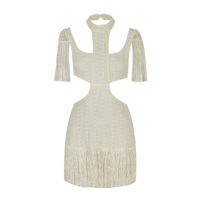 One Piece Hollow Out Cutout Beach Dress Set Sexy Waist Hollow Out Cutout out Seaside Vacation Tassel Summer