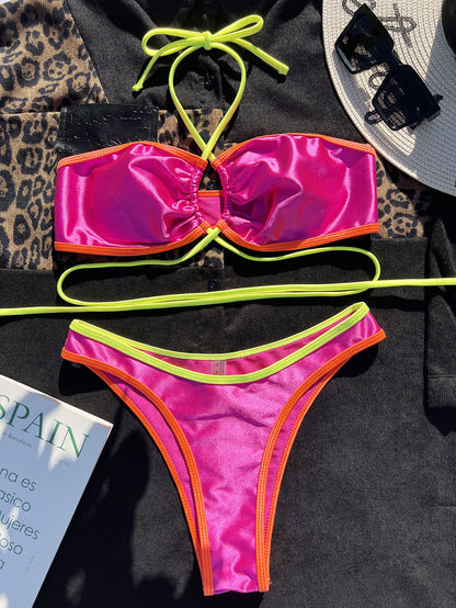 Women Seperated Swimwear Metallic Glossy Bandage Sexy Bikini
