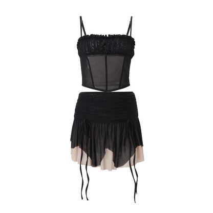 Women Clothing Summer Sexy Mesh Irregular Asymmetric Top Sexy Color Block Skirt Set