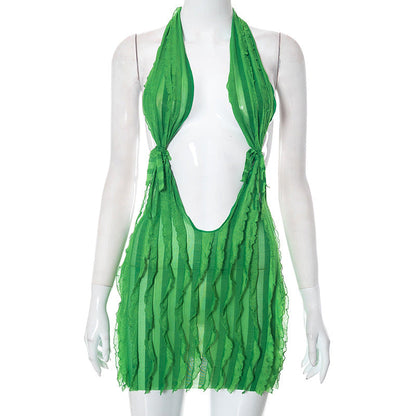 Women Clothing Summer Wave Pattern Sexy Bandeau Lace Up Short Dress