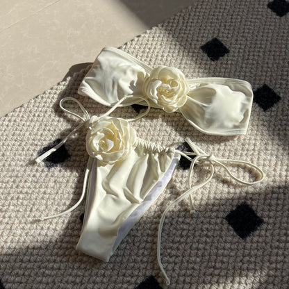 Solid Color Rose Tube Top Drawstring Strap Split Swimsuit Bikini