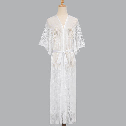 Summer Beach Sun Protection Shirt Gradient Color Lace Up Tassel Beach Cover Up Short Sleeve Knitted Long Cardigan
