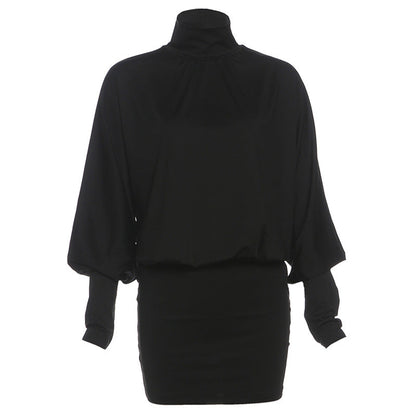 Autumn Winter Women Clothing Solid Color Sexy Turtleneck Long Sleeve Backless Baggy Package Hip Dress