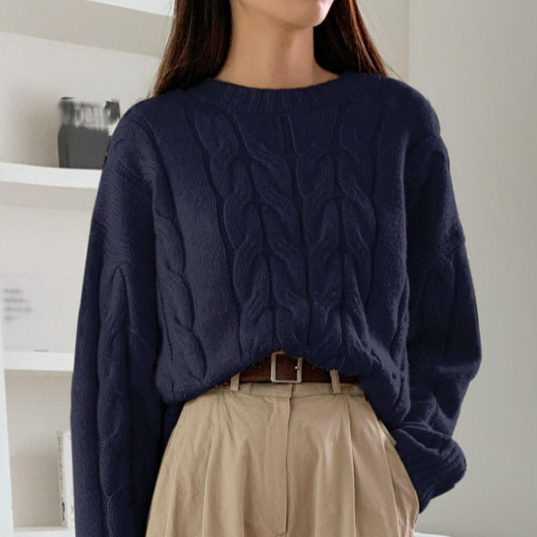 Autumn Winter Women Cable Knit Pullover Sweater Loose round Neck Solid Color All Matching Trendy Knitwear Top