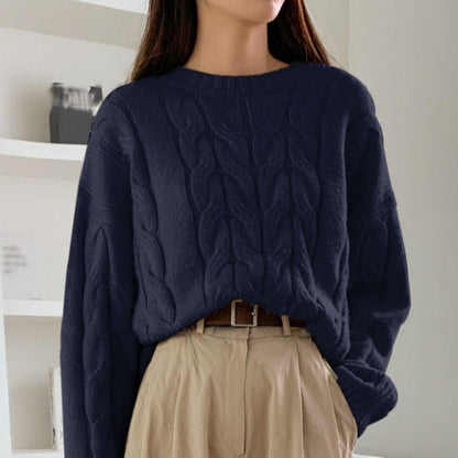 Autumn Winter Women Cable Knit Pullover Sweater Loose round Neck Solid Color All Matching Trendy Knitwear Top