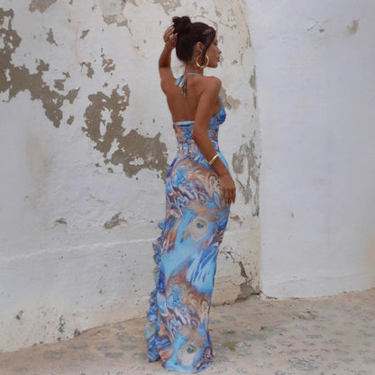 Summer Sexy Slim Print Lace up Sleeveless Hip Lotus Leaf Split Dress
