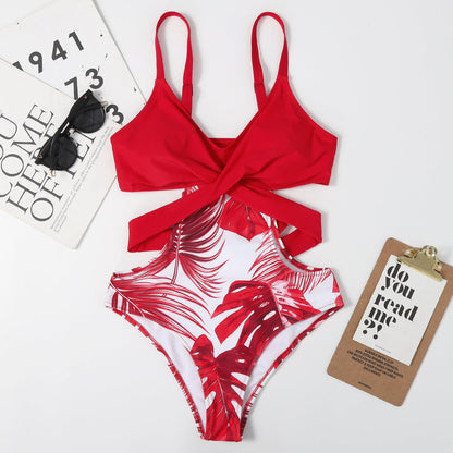 One-Piece Leaf-Shaped Floral Color Matching Women Swimsuit Lace-up Sexy Triangle Bikini