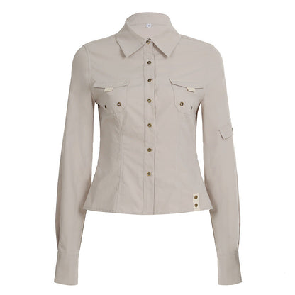 Autumn Pocket Stitching Breasted Collared Shirt Tooling Sexy Waist Controlled Slimming Long Sleeve Cardigan Top Women