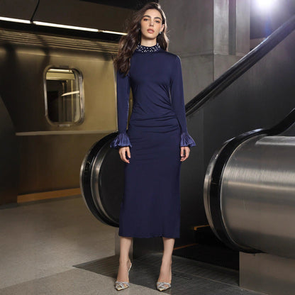Women Clothing Arrival Slim Pearl Stand Collar Long Sleeve Dress Women Party Dress