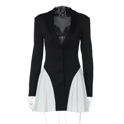 Women Clothing Autumn V neck Button Contrast Color Short Slim Fit Long-Sleeved Dress for Women