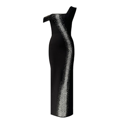 Sexy Single Shoulder Mesh Stitching Rhinestone Hip Bag Bandage Dress Party Dress