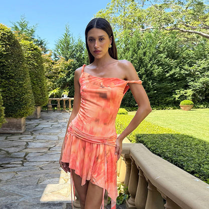 Spring Summer Women Clothing Personality Slant Shoulder Contrast Color Slim Fit Sexy Backless Sheath Print Dress