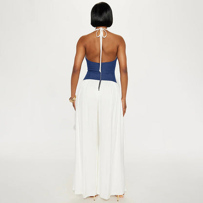 Women Clothing Spring Summer Halter Strap Contrast Color Zipper Tube Top Wide Leg Loose Jumpsuit