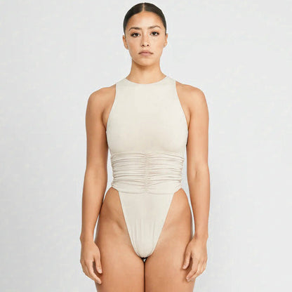 Women Clothing Summer Solid Color round Neck Sleeveless Back Zipper Hollow Out Cutout umpsuit for Women