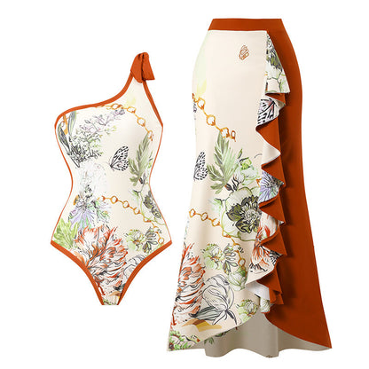 Women Swimsuit Elegant Printed Stitching Contrast Color Beach Sun Protection Skirt Shoulder Two Piece Swimsuit